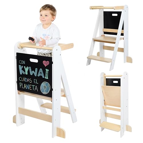 KYWAI® Torre de Aprendizaje Plegable Premium, Torre Aprendizaje Plegable Ajustable 2 Alturas, Diseño Nórdico con Pizarra Desmontable, Patas Anticaída – Marca Comprometida con la Reforestación