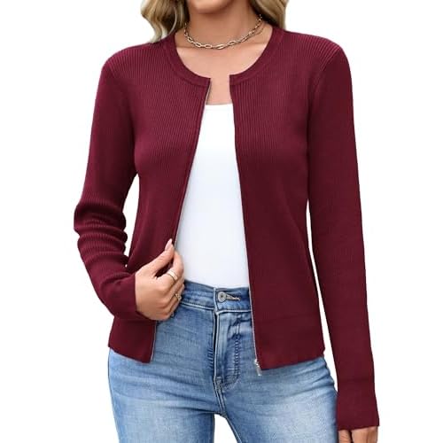 Totatuit Womens Long Sleeve Zip Up Sweater Cardigans Knitted Lightweight Zipper Jacket Wine Red Medium
