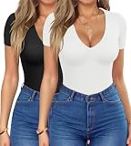 Picture of HOTOUCH 2 PCS Deep V Neck Tops for Women Summer Short Sleeve Slim Ribbed T-Shirt Ladies Basic Casual Tee
