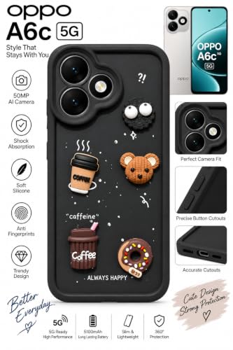 Image of Bintage Back Cover Compatible for Oppo A6c 4G | Cute 3D Taddy Ball Bear Milk Cake Coffee Silicon Case Full Body & Camera Protection - Black