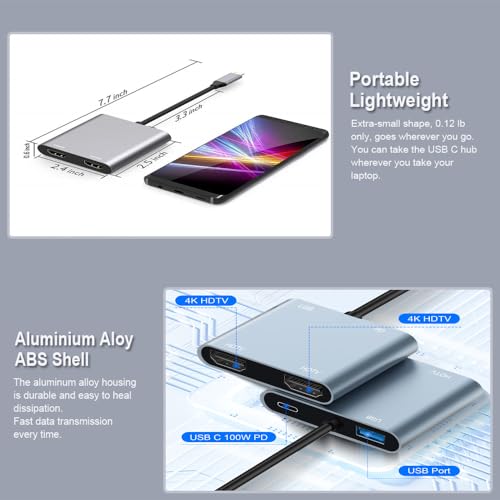 Image of USB C to Dual HDMI Adapter, 4K@60Hz USB C Hub Multiport Adapter with 100W PD, USB-A, Support C to 2 HD Splitter Extended Display for Type C Devices (MST is not Supported on MacOS)