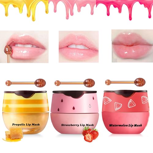 TITIMORE 3Pcs Bee Lip Balm Honey Pot Strawberry Lip Mask Propolis Moisturizing Lip Sleeping Mask Reduces Lip Lines,Hydrating Prevention Dry and Cracked Lip Scrubs Exfoliator Honey Lip Balm Uk