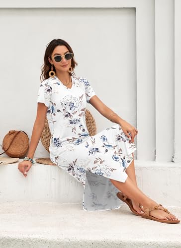 Image of MISFAY Womens Maxi Dress Short Sleeve V Neck Loose with Pockets | Soft stretchy breathable, v neck loose fit, side split hem, two side pockets, casual daily beach vacation travel dress