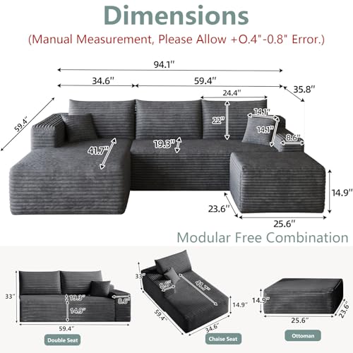 Image of 95 inch Modular Sectional Sofa with Ottoman, Modern Corduroy Cloud Couch Deep Seat, Boneless Couch Upholstered 3-Seater U-Shaped Sofa for Living Room, No Assembly (Dark Gray,Left-Facing Chaise)