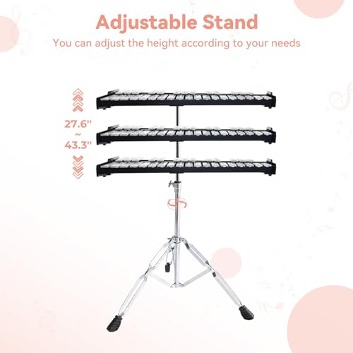 Image of 32 Notes Glockenspiel Xylophone Bell Kit, Professional Xylophones for Beginner with Adjustable Stand, Music Stand, Sticks, Aluminum Percussion Instrument Set for Adult (silvery)