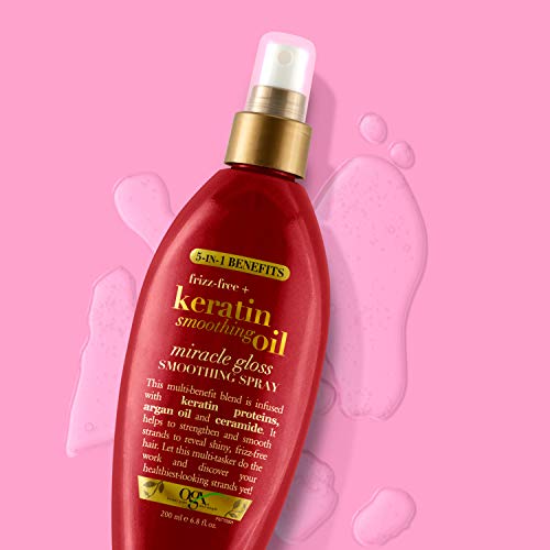OGX Frizz-Free + Keratin Smoothing Oil Miracle Gloss Spray, 5 in 1, De-frizz & Shiny Hair, Argan Oil
