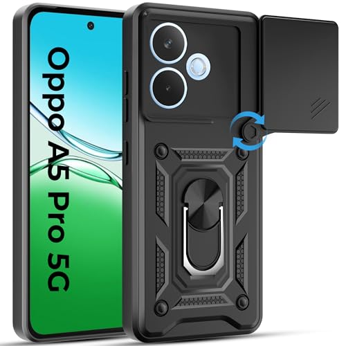Image of A rtistque Armor Bumper Back Case Cover for Oppo A5 Pro 5G | Stylish Ring Holder & Inbuilt Stand | Sliding Camera Cover | Shockproof TPU Protective Design | Oppo A5 Pro 5g Back Cover - Black