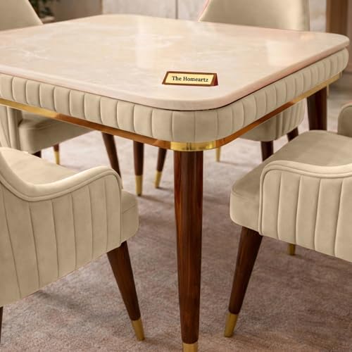 Image of Onyx Elite Modern Dining Table Set 4-Seater Modern Wooden Dining Table Set |1 Year Warranty | Onyx Top Table with 4 Chairs (Beige)