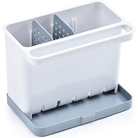 KINGRACK Sink Caddy, Kitchen Sponge Holder Soap Organizer Cloth Hanger, Multi-Purpose Sinkware Caddy for Kitchen Accessories with Drip Tray, Rust Proof for Dishwashing Tools, White Cover