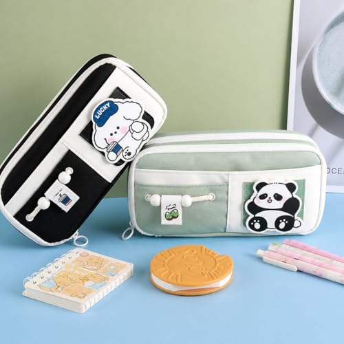 Image of WORSHIPER Cute Cartoon Double Zipper Pencil Pouch for Girls & Boys - Large Capacity School Stationery Organizer with Front Pocket, Waterproof Fabric Pen Case for Students (Black)