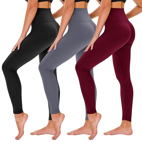 TNNZEET 3 Pack Leggings for Women - Black Tummy Control High Waisted Soft Yoga Pants for Workout Gym Running with Pockets Small-Medium Black/ Dark Gray/ Wine Red