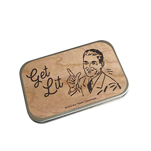 Stash tin box with Wooden Detail - Get Lit Vintage Man - smokers gift, tea tin cigarette case, retro 1950s funny gift
