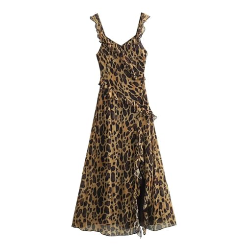 Primavera/Verano Nuevas Mujeres Estilo Europeo y Americano Moda Pequeño Pliegue Animal Print Vestido-Multicolor-M