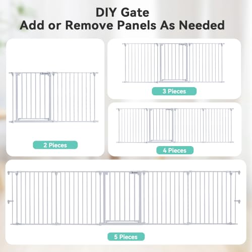 Image of COMOMY 127.8 inch Extra Wide Baby Gate, Dog Gate for House Stairs Doorways Fireplace, Auto Close Pet Gate with Door Walk Through, 5 Metal Panels, Hardware Mounted Baby Fence Indoor Outdoor(30 inch Tall,White)