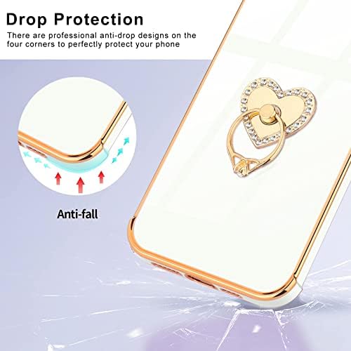 Teageo for iPhone 13 Pro Max Case with Diamond Ring Holder, Girly Cute Glitter Heart Design Rotatable Finger Holder Stand Phone Cases Shockproof Plating Bumper Soft Silicone Back Cover, White