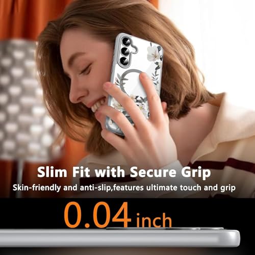 Image of VONZEE Compatible with Samsung S24 FE 5G Case Luxury Retro Flowers Floral Clear for Magnetic Wireless Charging Case Shockproof Case PC+TPU Cute Glossy Shiny Cover for Girls Women|Grey