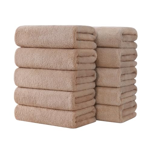 フェイスタオル マイクロファイバー 約75×35cm 10枚セット タオル 吸水はやい ふわふわ 肌に優しい 柔らかい 抗菌防臭 毛羽落ちしない 風呂上がり 家庭用 プレゼント (ベージュ)