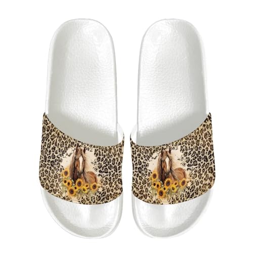 PAQGSREM Sandalias deslizantes para mujeres y niñas, pantuflas para interiores y exteriores con suela de goma antideslizante, Girasol Caballo Leopardo, 40 EU