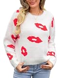 Arssm Women Lip Print Sweater Valentine’s Day Knit Pullover Top Long Sleeve Crewneck Lip Graphic Pullover Sweaters(White-L)