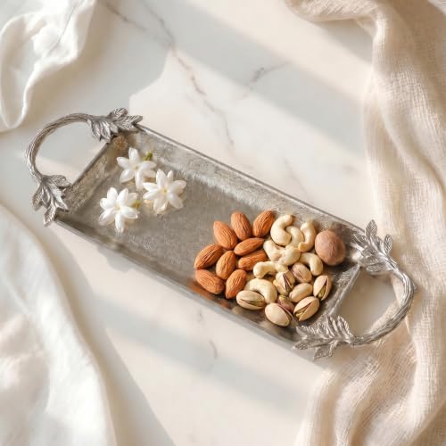 Image of BEHOMA Aluminium Silver Serve Tray with Leaf Handle, 16.7 inch | Silver aluminium serve tray with leaf handle, 16.7 inch; perfect Durga Puja & Navratri serveware.