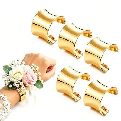 AMAWIN 6 Pcs Gold Corsage Cuff Bracelets Bulk for Wedding Prom, Adjustable Metal Wristlet Band Base with Smooth Curved Edge, Wide Open Bangle for Florists DIY Flower Making, Comfort Fit