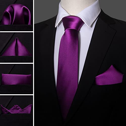 Image of Barry.Wang Plain Men Silk Ties Extra Long Satin Necktie for Wedding Business Handkerchief Cufflinks Set Solid Colors