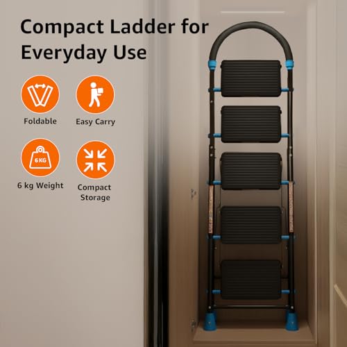 Image of Amazon Basics Curvo-Foldable Step Ladder, Ribbed Steps, Knee Guard, Non-Marring PVC Shoes, 5 Steps (Black & Blue)