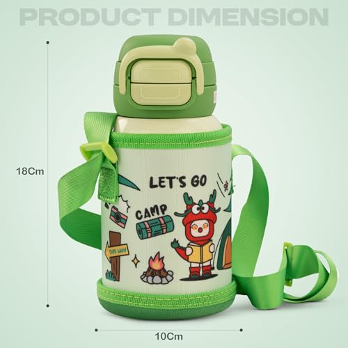 Image of BAYBEE Hydro 2-in-1 Steel Sipper Water Bottle for Kids with Straw | BPA Free Baby Drinking Sippy Cups with Adjustable Carry Strap | Leak-Proof Spill-Lock Baby Sipper Bottle for Kids (Green)