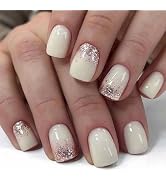 White Press on Nails Square Fake Nails Glitter with Gradient Design Short False Nails Artificial ...