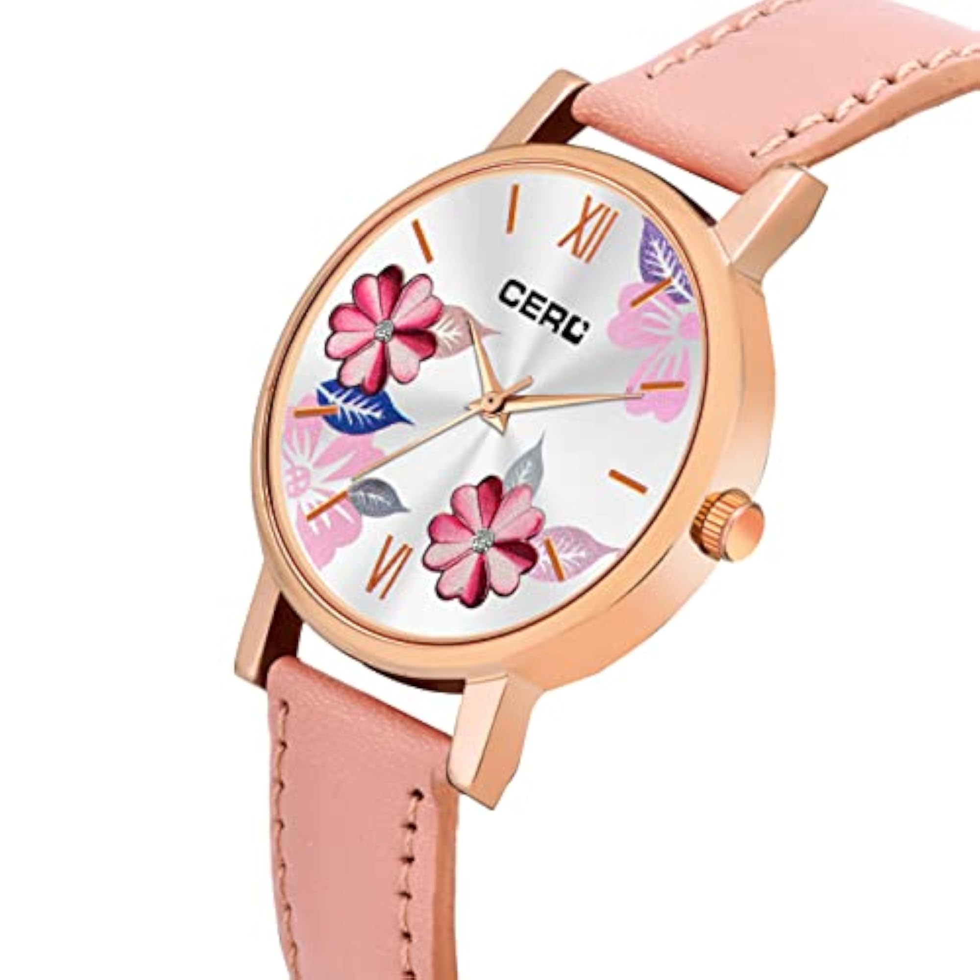 Women's Analogue Flowers Design Dial Leather Strap Watch