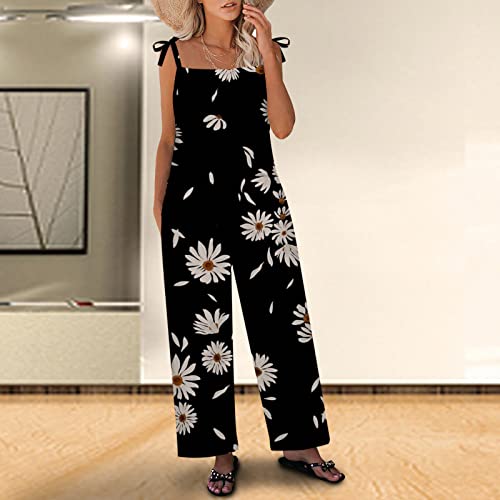 Womens Casual Bib Overalls Floral Jumpsuit Summer Romper Long Pants Beach Vacation Jumpsuit Wide Leg Rompers Black #TOP1