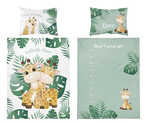 Girafe Parure de lit réversible 100 % coton - Dimensions : 100 x 135 cm, 40 x 60 cm (vert) Cover