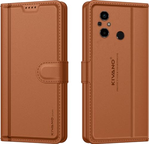 Image of KIVANO LUXE Compatible for Redmi 12C / Poco C55 Luxury Handmade Leather Magnetic Flip Folio Case | Card Holder & Kickstand | Slim Protective Cover | Unisex - Brown