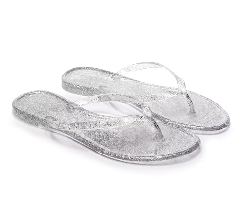 Image of Womens Flip Flops Thong Sandals Jelly Shoes Flat for Ladies Slides Black Slippers Size 9 Slip On Summer Beach Dressy