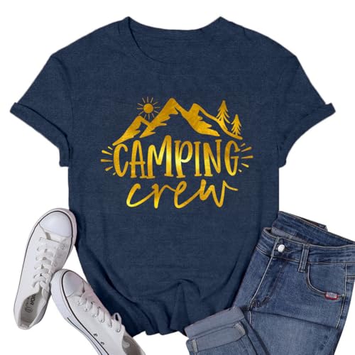 VQD Camping Crew Shirts for Women Camp Life Tshirt Mountain Hiking Adventure Tee Tops Blue