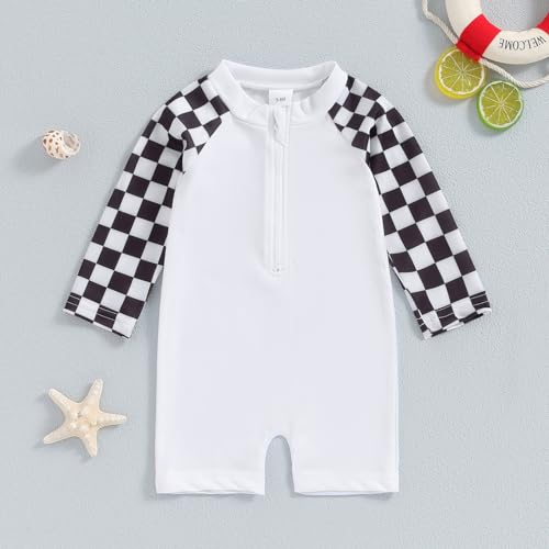 Lesimsam Toddler Baby Boy Swimsuit Checkered Patchwork Long Sleeve One Piece Zipper Bathing Suit Rash Guard Swimwear Sunsuit3