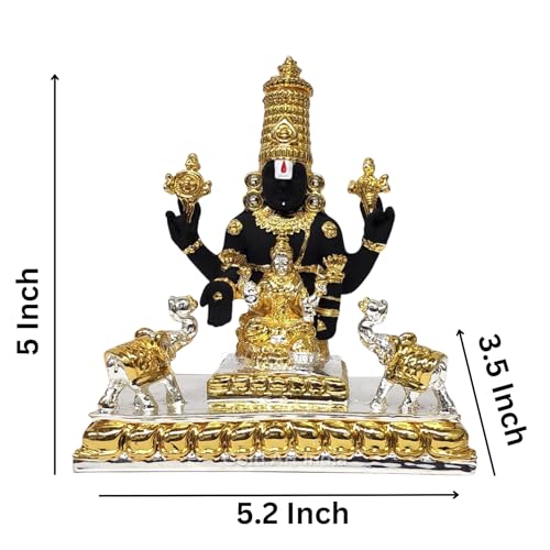Image of Gold Art India Idol Tirupati Balaji with Gajalakshmi Venkateswara Swamy Statue with Shankha-Chakra & Elephant for House Warming Puja Room Gifting Home & Office Decor Showpiece (Gold Silver Plated 6 inch)