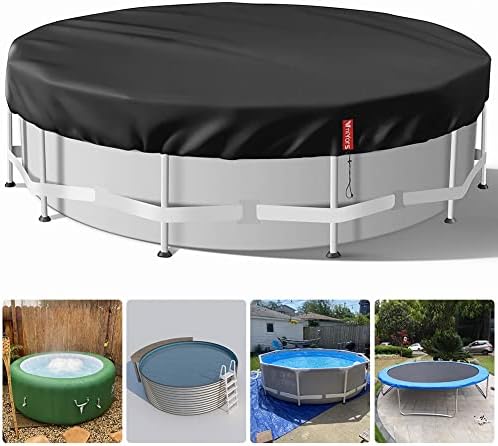 12Ft Solar Pool Cover for Above-Ground Pool, Inground Pool, and Hot Tub, Black Heavy-Duty Waterproof Dustproof Inflatable Round Pool Cover with Drawstring, Cable Straps, Ground Nails