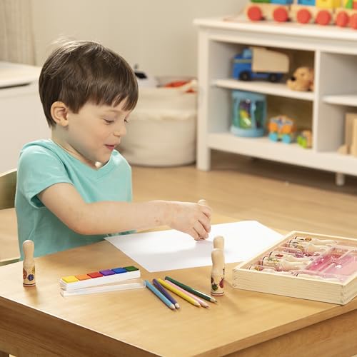 Melissa & Doug Deluxe Happy Handle Stamp Set with 10 Stamps, 5 Colored Pencils, and 6-Color Washable Ink Pad