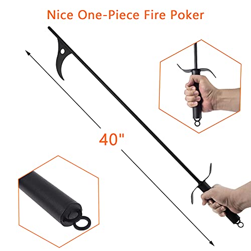 Bqmax 40-Inch Fire Pit Poker And 26" Log Grabber Outdoor Fire Pit Tool Kits, Fireplace Poker And Log Tong For Outdoor Campfire, Camping, Wood Stove, Black Steel #TOP2