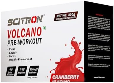 Scitron Volcano Pre Workout 300g - Cranberry (60 Servings | 4g Beta Alanine | 1.5g Arginine | 300mg Caffeine | 0g Sugar | Boost Energy & Focus| Healthy Pre-workout)