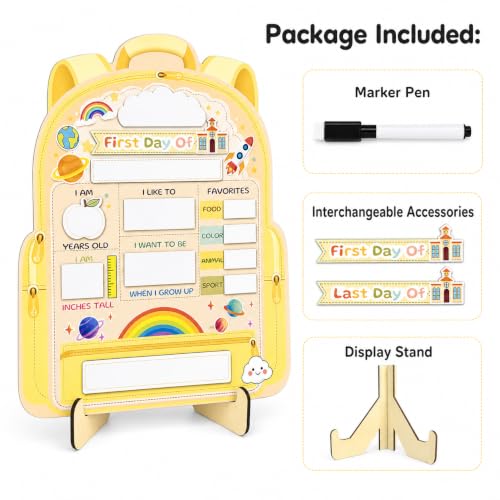First Day of School Sign - My First and Last Day of School Board, Reusable Back to School Sign Supplies Wooden Dry Erase Board with Marker for Preschool, Pre-K, and Kindergarten (Pastel Yellow) — view 2
