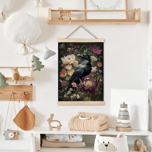 Image of PQKIY Dark Gothic Floral Raven Wall Art Poster Hanger Frame 12x16 in, Vintage Dark Cottagecore Moody Botanical Flower Crow Wall Decor Canvas Prints for Home Bedroom Living Room