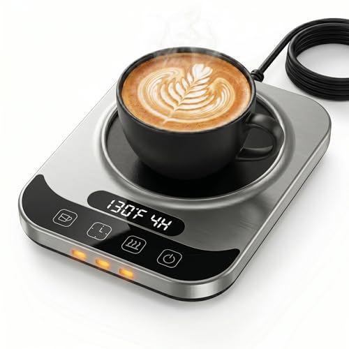 TTKXT Smart Coffee Mug Warmer with LED Display, Intelligent Cup Material Sensing & 9 Temp Settings, Auto Shut-Off Electric Beverage Warmer for Desk, Candle Wax Warmer, (Silver)