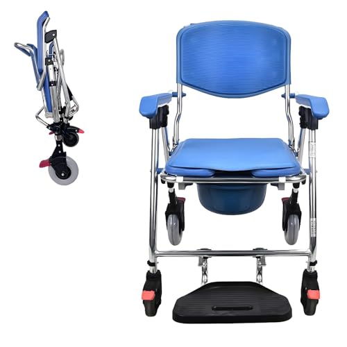 Sedia da Doccia Pieghevole con Ruote, Blu Sedia a Rotelle con WC e Braccioli per Anziani, Sedia da Toilette con Schienale per Disabili, Pazienti, Portata Fino a 150 kg