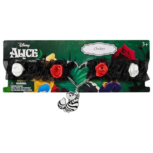 LUV HER Disney Alice in Wonderland Black Lace Choker Necklace with Roses & Heart Charm – Adjustable Jewelry for Women & Girls – Ideal for Cosplay & Themed Parties2