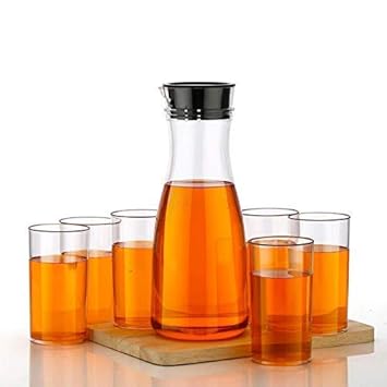 Unbreakable 1 Water Juice Jug and 6 Pieces Glass Combo Set for Dining Table Jug Glass Set Food Grade Material Jug Glass Set 1 Liter Jug & 300ml Glass Multicolor