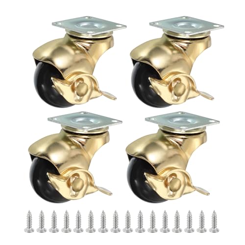 PATIKIL 1.5 Inch Ball Caster Wheels with Brake, 4 Pack 360° Rotating Swivel Top Plate Wheels 298 lbs Total Capacity Locking Caster with M4 Screws for Furniture Table Cabinet Gold