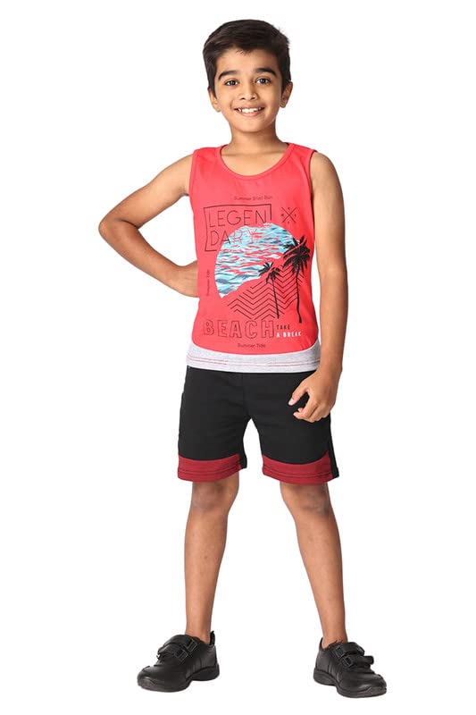 Image of TotzTouch Kids Dress For Boys T shirt | Shorts Set Summer Dress Cotton Sleeveless Tee Shirt Half Pants Clothing Set (Colors Blue, Red, Green Tops & Navy, Black, Grey Shorts) Age 1 years to 15 years