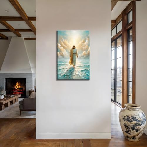 Framed Jesus Walking on Water Wall Art Canvas Print Christian Painting Catholic Poster Inspirational Picture for Living Room Bedroom Church Gallery Wall Decor Ready to Hang 16x24In by QKYKISS - Used condition - Image 4